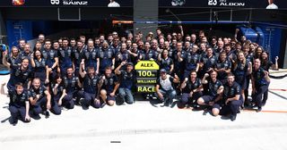 Alex Albon and Carlos Sainz celebrate Albon racing 100 times for Williams