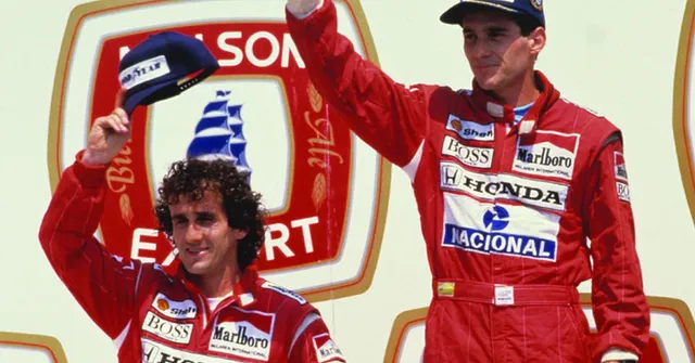 Ayrton Senna and Alain Prost on the podium at the 1988 Canadian Grand Prix