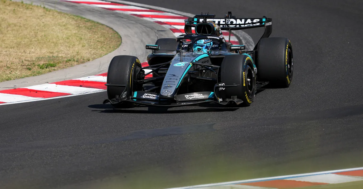 George Russell driving his Mercedes F1 car on track at the Hungarian Grand Prix