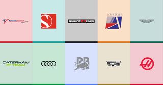 Logos of ten Formula 1 constructors that have never won a Grand Prix: Toyota, Sauber, Minardi, Arrows, Aston Martin, Caterham, Audi, Racing Bulls, Cadillac and Haas