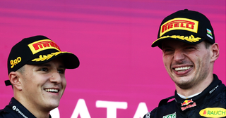 Max Verstappen and Isack Hadjar celebrate a Red Bull double podium at Baku
