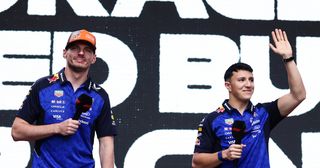 Max Verstappen and Isack Hadjar on the F1 fan stage