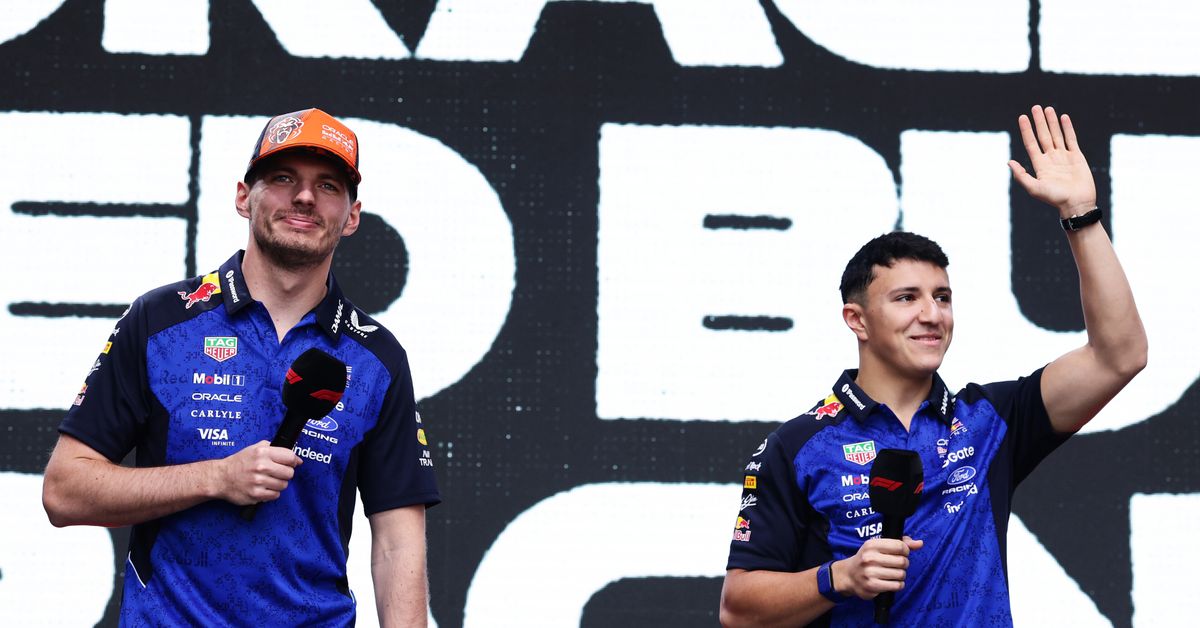 Max Verstappen and Isack Hadjar on the F1 fan stage