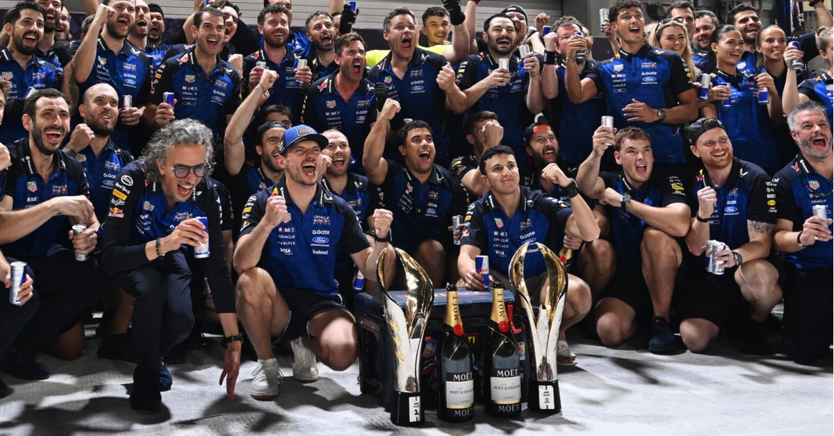 Red Bull team celebrating Verstappen's Singapore win
