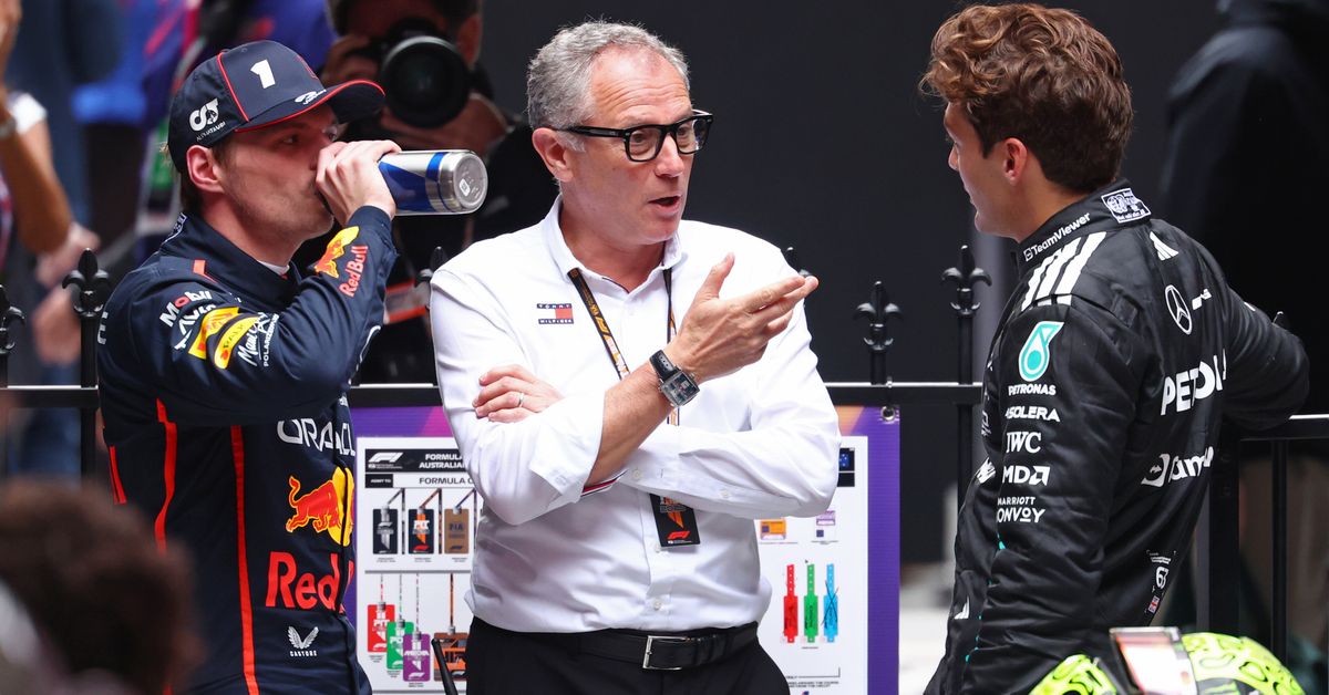 Second placed Max Verstappen of the Netherlands and Oracle Red Bull Racing Stefano Domenicali, CEO of the Formula One Group and Third placed George Russell of Great Britain and Mercedes AMG Petronas F1 Team talk in parc ferme during the F1 Grand Prix of Australia at Albert Park Grand Prix Circuit on March 16, 2025 in Melbourne, Australia.