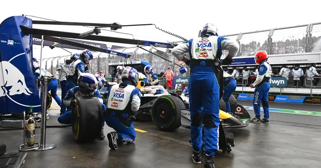 Yuki Tsunoda of Japan driving the (22) Visa Cash App Racing Bulls VCARB 02 makes a pitstop during the F1 Grand Prix of Australia at Albert Park Grand Prix Circuit on March 16, 2025 in Melbourne, Australia